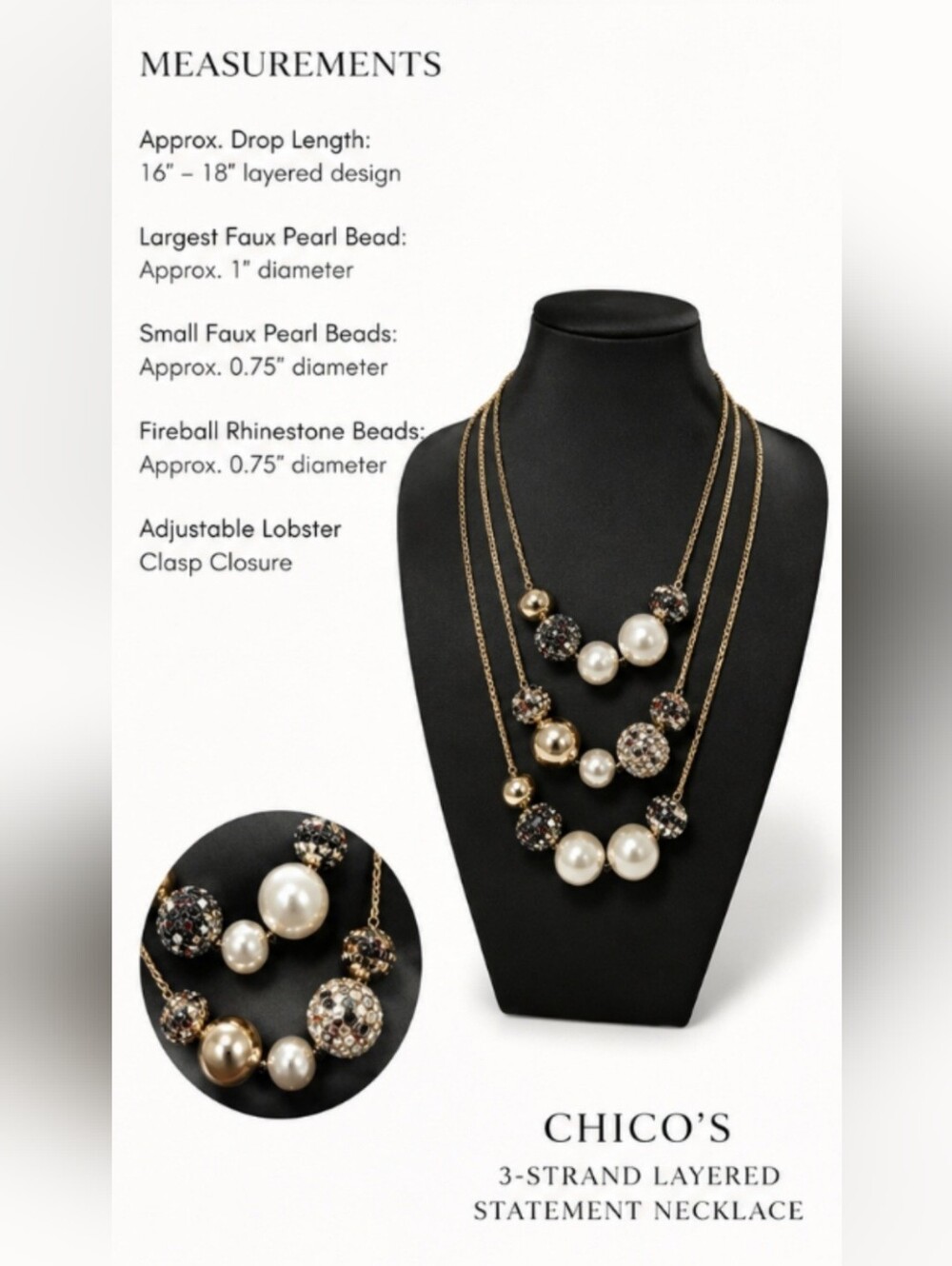 Chico’s NWT 3-Strand Faux Pearl Rhinestone Statement Necklace Gold Tone